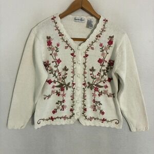 By Design Knit Cardigan Sweater Womens Size M Embroidered Floral Boho Granny